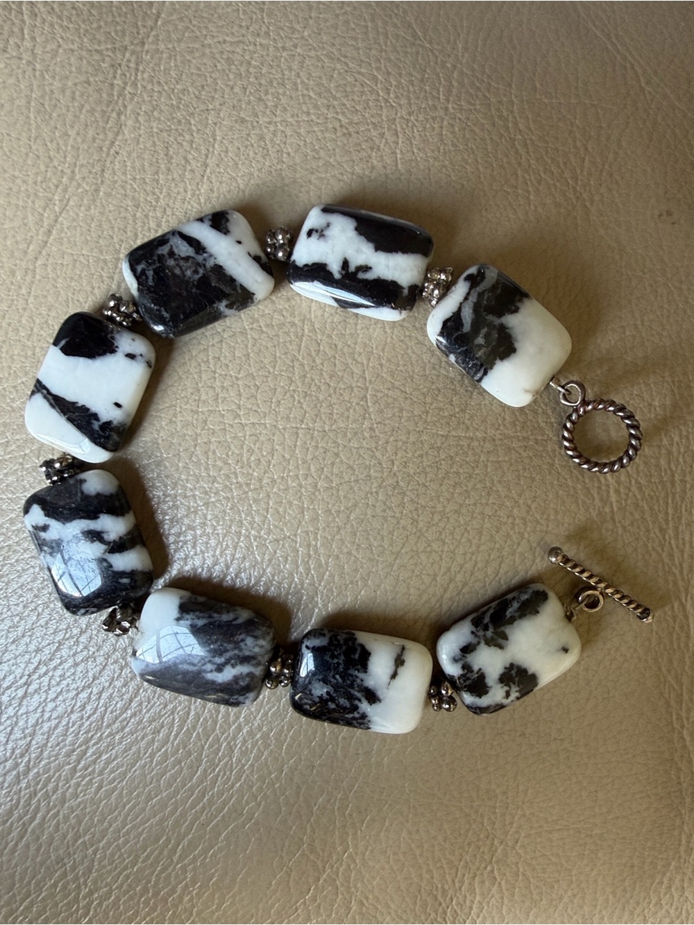 Black & White Zebra Pattern Jasper Beaded Bracelet with Toggle Clasp